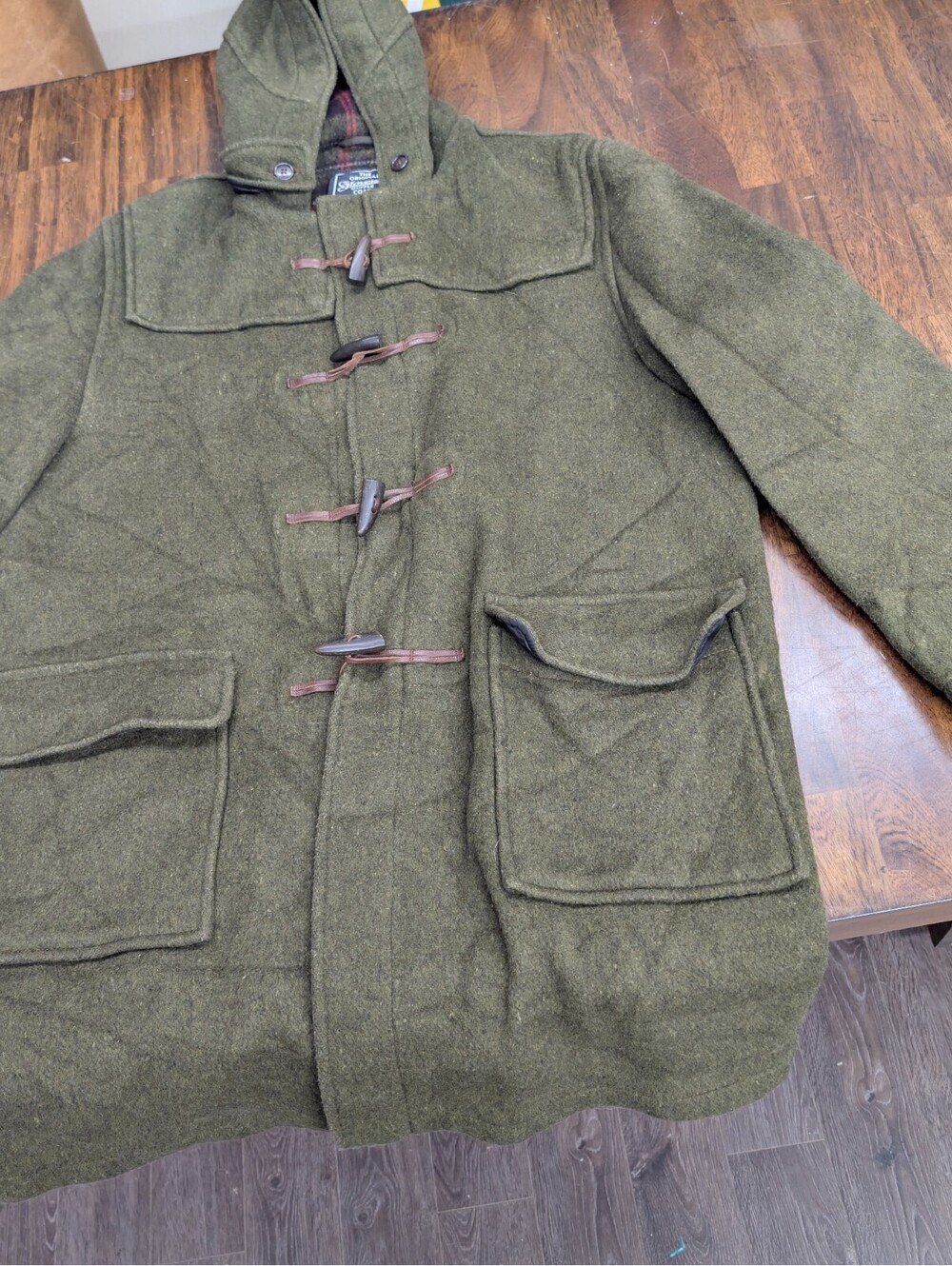 Gloverall Duffle Coat Olive Wool Hooded Jacket UK 44 58 Char